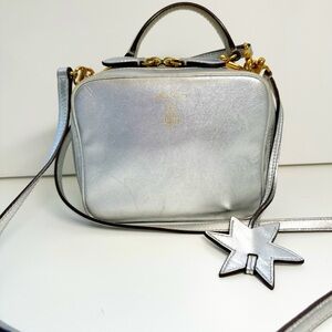 Mark Cross Mini Silver Laura Bag Crossbody Charm Adjustable Strap Gold Hardware